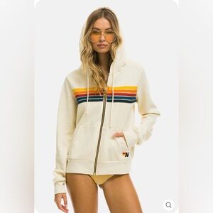 AVIATOR NATION WOMEN'S 5 STRIPE FULL ZIP HOODIE VINTAGE WHITE/RAINBOW
